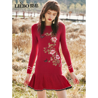 裂帛秋季新款圆领刺绣复古风修身显瘦装荷叶边长袖士连衣裙