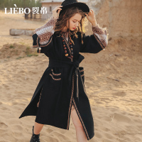 裂帛秋冬新款刺绣文艺呢子外套中长款民族风七分袖毛呢大衣