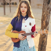 裂帛秋冬新款圆领刺绣短款外套落肩学生上衣长袖针织开衫