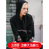 裂帛秋季新款连帽抽绳刺绣上衣宽松版学生圆领套头长袖卫衣