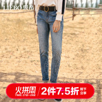 裂帛秋季新款中腰刺绣休闲风宽松直筒铆钉士水洗牛仔长裤