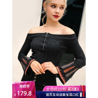 裂帛春夏新款温柔一字肩刺绣文艺性感喇叭袖修身显瘦针织衫