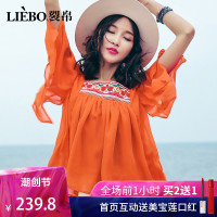 裂帛新款春夏时尚小方领民族风刺绣清爽宽松温柔短袖雪纺衫