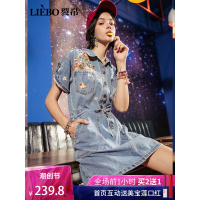 裂帛短袖刺绣牛仔连衣裙春装新款翻领百搭学生文艺工装裙子