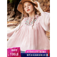 裂帛v领长袖雪纺衫新款夏装刺绣宽松超仙的洋气小衫上衣