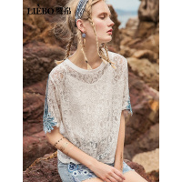裂帛圆领五分袖T恤新款夏装刺绣蕾丝透视性感宽松中袖上衣
