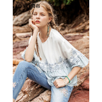 裂帛圆领喇叭袖雪纺衫新款夏装很仙的洋气宽松气质绣花上衣