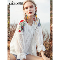 裂帛圆领七分袖雪纺衫新款夏装花边刺绣超仙的上衣蕾丝衫