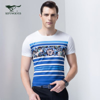 七匹狼短袖T恤男韩版印花设计圆领短t休闲T恤衫男
