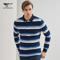 七匹狼T恤秋季中青年男士时尚休闲纯棉条纹翻领长袖T恤