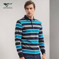 七匹狼长袖T恤秋季翻领纯棉条纹T恤男