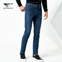 七匹狼牛仔裤2018春青年男士时尚潮流修身直脚五袋牛仔裤男