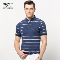 七匹狼短袖T恤男士时尚休闲纯棉条纹拼接立领T恤男