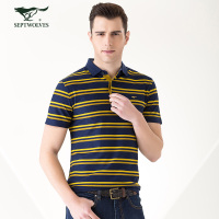 七匹狼T恤纯棉丝光棉休闲翻领条纹设计短袖T恤polo衫男装