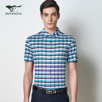 七匹狼短袖衬衫男夏款商务休闲格型针织方领衬衣男装