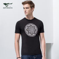 七匹狼短袖T恤时尚青年男士黑色莫代尔短袖圆领印花T恤
