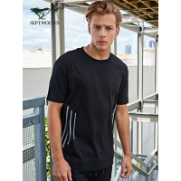 七匹狼运动短袖T恤圆领黑色条纹潮男上衣休闲跑步健身服弹力打底