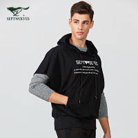 七匹狼男士款连帽短袖T恤纯棉透气舒适时尚贴身柔软印花轻薄款