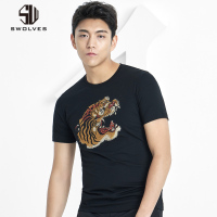 七匹狼圣沃斯老虎图案烫钻T恤男短袖2018潮流圆领大码港风半截袖