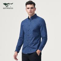 七匹狼长袖衬衫2018春季男士青年时尚商务休闲格型长袖衬衫102(深蓝)