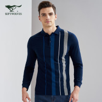 七匹狼长袖T恤2018春季男士时尚商务休闲竖条纹翻领长袖T恤