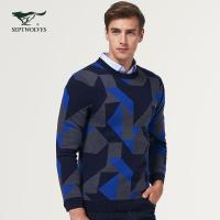 七匹狼毛衫时尚休闲男士套头毛衣潮流线衫保暖圆领撞色冬季