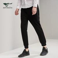七匹狼休闲裤17秋季青年男时尚休闲松紧腰针织裤黑色休闲长裤