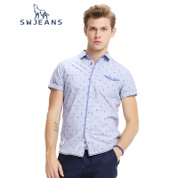 SWJEANS七匹狼新款青年男装衬衣男夏季短袖翻领纯棉修身印花衬衫
