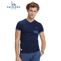 七匹狼SWJEANS男装拼接时尚V领短袖T恤171540602706藏青