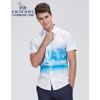 七匹狼SWJEANS短袖印花休闲透气轻薄短袖衬衫商场同款米白