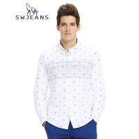 SWJEANS七匹狼青年男装新款休闲衬衫条纹印花翻领长袖衬衣潮本白