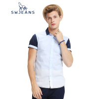SWJEANS七匹狼夏季新款青年衬衣男时尚男装美式拼色亚麻修身衬衫短袖中蓝