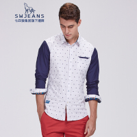SWJEANS七匹狼春季新款简欧风撞色印花全棉长袖衬衫男士休闲商务衬衣