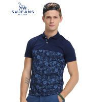 七匹狼SWJEANS商务休闲男士polo时尚新款花朵印染拼接修身短袖POLO衫