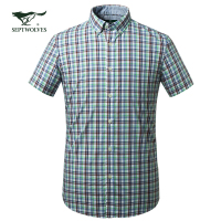 七匹狼男装衬衫2019年夏季纯棉格形短袖休闲衬衣5084764
