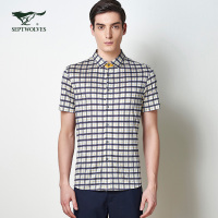 七匹狼衬衣格子商务休闲翻领桑蚕丝短袖衬衫