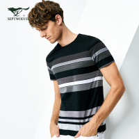 七匹狼夏新渐变条纹【丝光棉】圆领短袖T恤