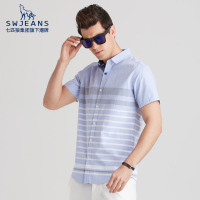 SW1960短袖衬衫2018夏季新款男士条纹纯棉拼色立领潮牌衬衣男时尚