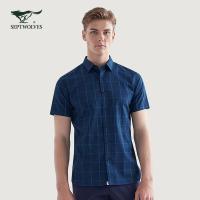 七匹狼翻领短袖衬衫2019夏季青年纯棉格子商务休闲短衬衫