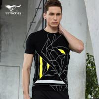 七匹狼男装2019夏季青年线条几何印花圆领短袖T恤衫_1