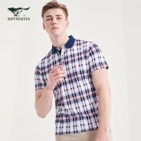 七匹狼短袖T恤男翻领格纹小翻领休闲polo衫商场同款_1