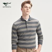 七匹狼长袖T恤男 秋季时尚休闲中青年纯棉条纹翻领T恤男