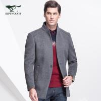 七匹狼毛呢大衣中青年男士立领外套围巾领保暖时尚商务男