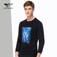 七匹狼长袖T恤衫男土新款秋季时尚圆领狼头印花打底衫青年体恤衫