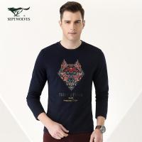 Q七匹狼狼文化 时尚休闲长袖狼图腾印花长袖T恤 男