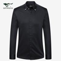 七匹狼商务休闲衬衫男装长袖修身翻领净色长袖商务衬衫衬衣001(黑色)165/84A