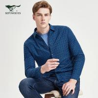 七匹狼长袖衬衫男士2019冬季新款时尚商务休闲加绒格型休闲衬衣102(深蓝)