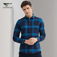 七匹狼长袖衬衫秋季中青年男士100%纯棉时尚百搭休闲格子衬衫
