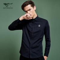 七匹狼男装长袖衬衫秋季新款时尚休闲方领黑色印花青年长衬上衣
