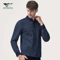 七匹狼长袖T恤中青年男士时尚休闲翻领条纹丝光棉长袖衣服男